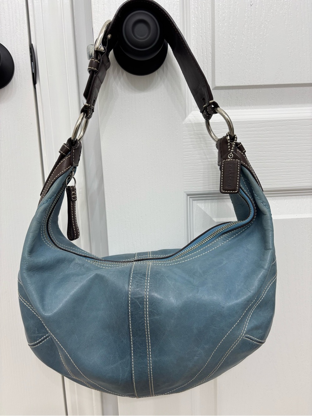 Coach Pebbled Leather Hobo Bag in Slate Blue with Dark Brown Strap